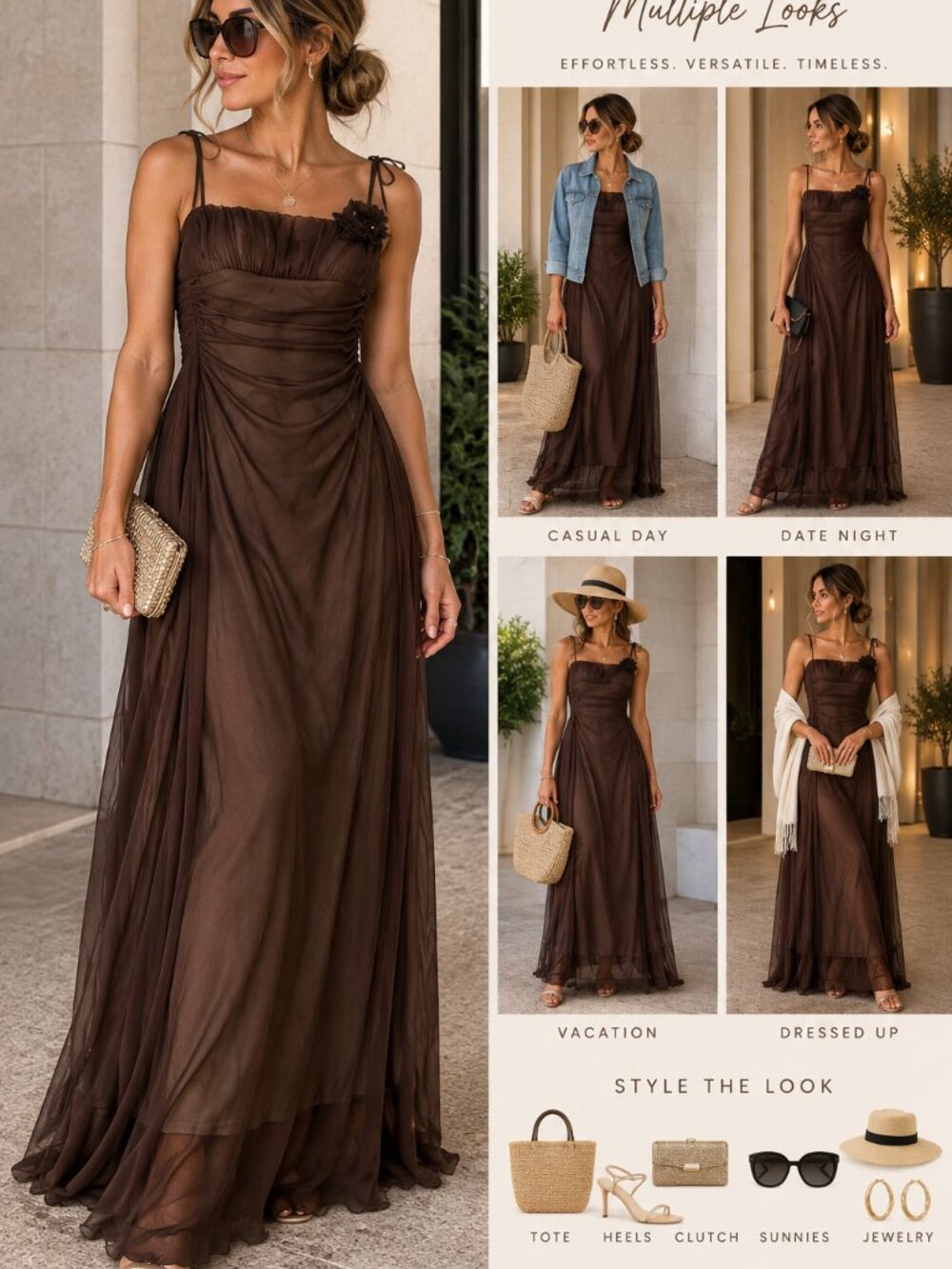 City Triangles Brown Ruched Maxi Dress Floral Applique Size S NWT